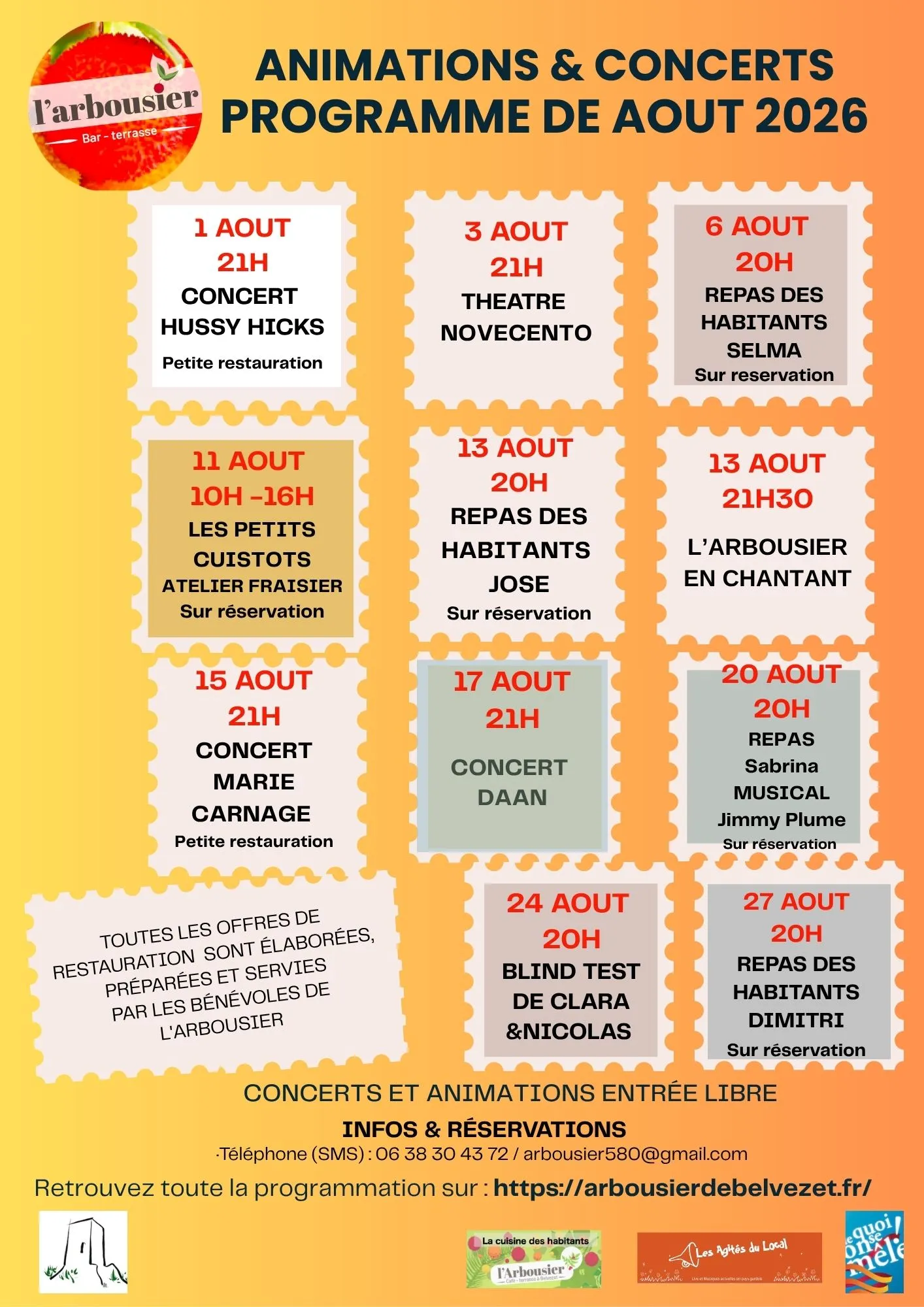Programme des animations et concerts de l'Arbousier en août 2026