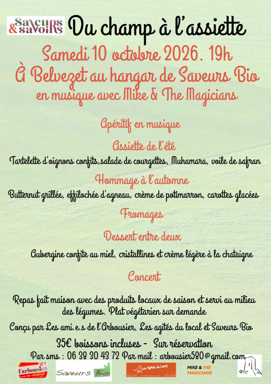 Dîner musical Du champ à l’assiette à Belvézet le 10 octobre 2026